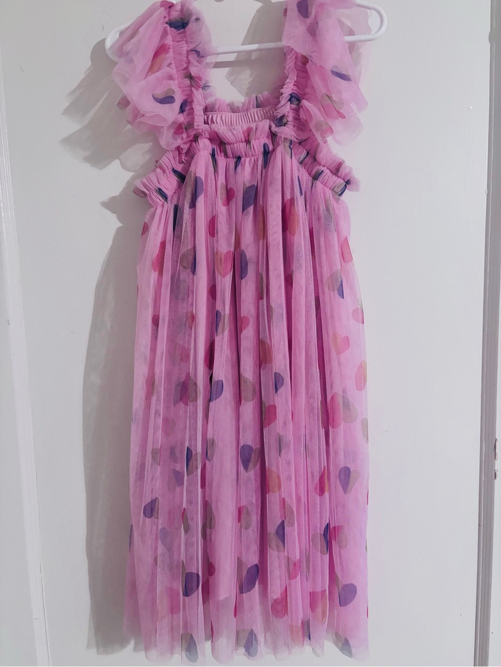 Pink Heart-Print Tulle Kids Dress